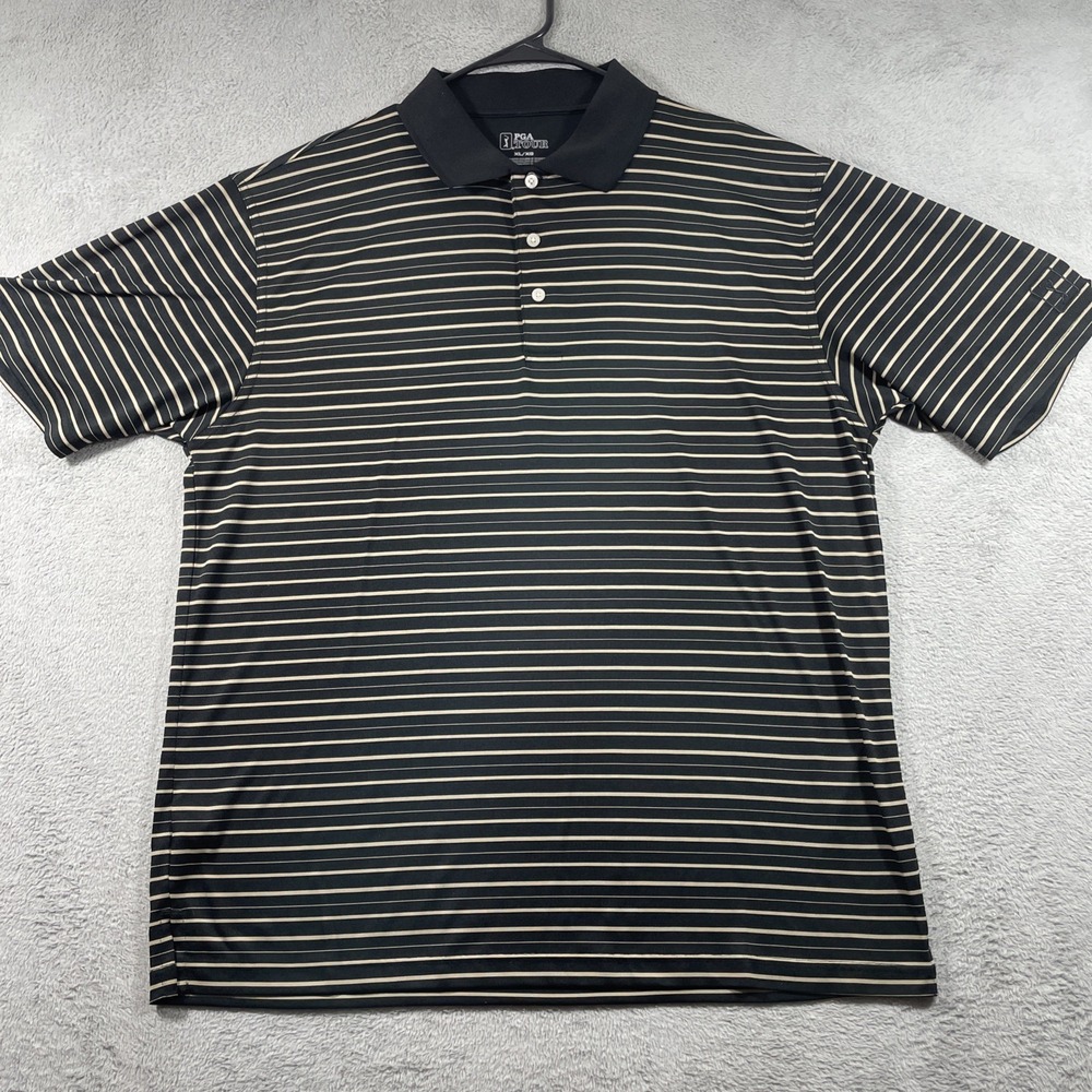PGA Tour Polo Shirt Men XL Black Striped Golf Performance Short Sleeve Casual